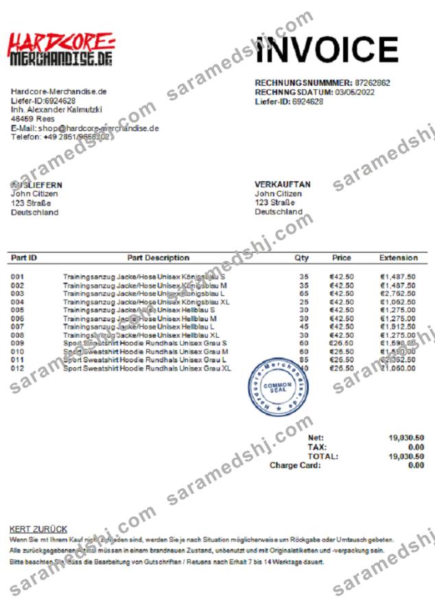 Germany Hardcore Merchandise invoice J. C. doc